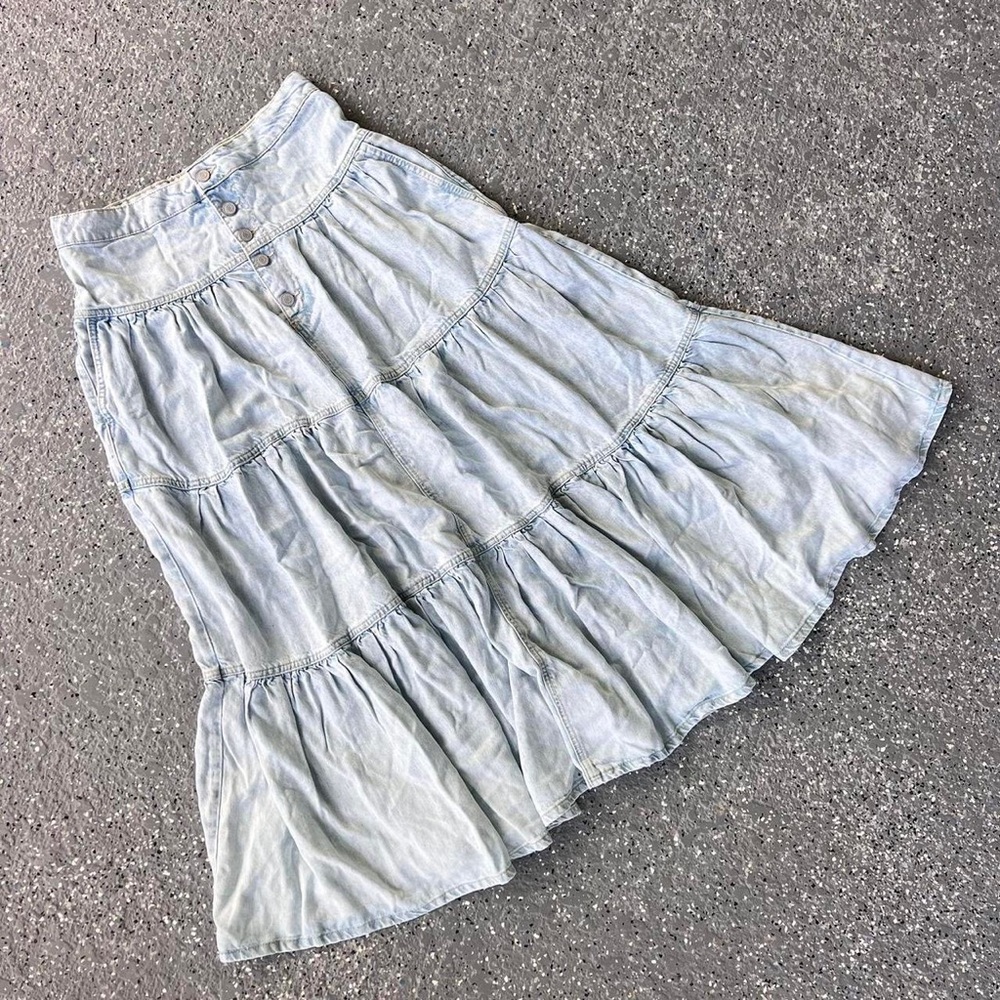 Free People Light Wash Denim Tiered Maxi Skirt - Picture 3 of 5